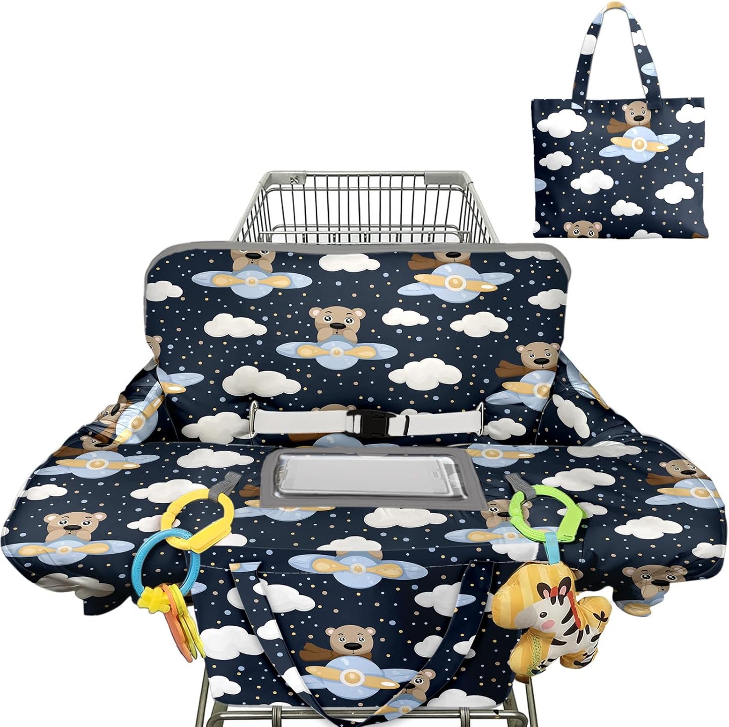 Pillani shopping cart cover front view showcasing the gender neutral bear print design.
