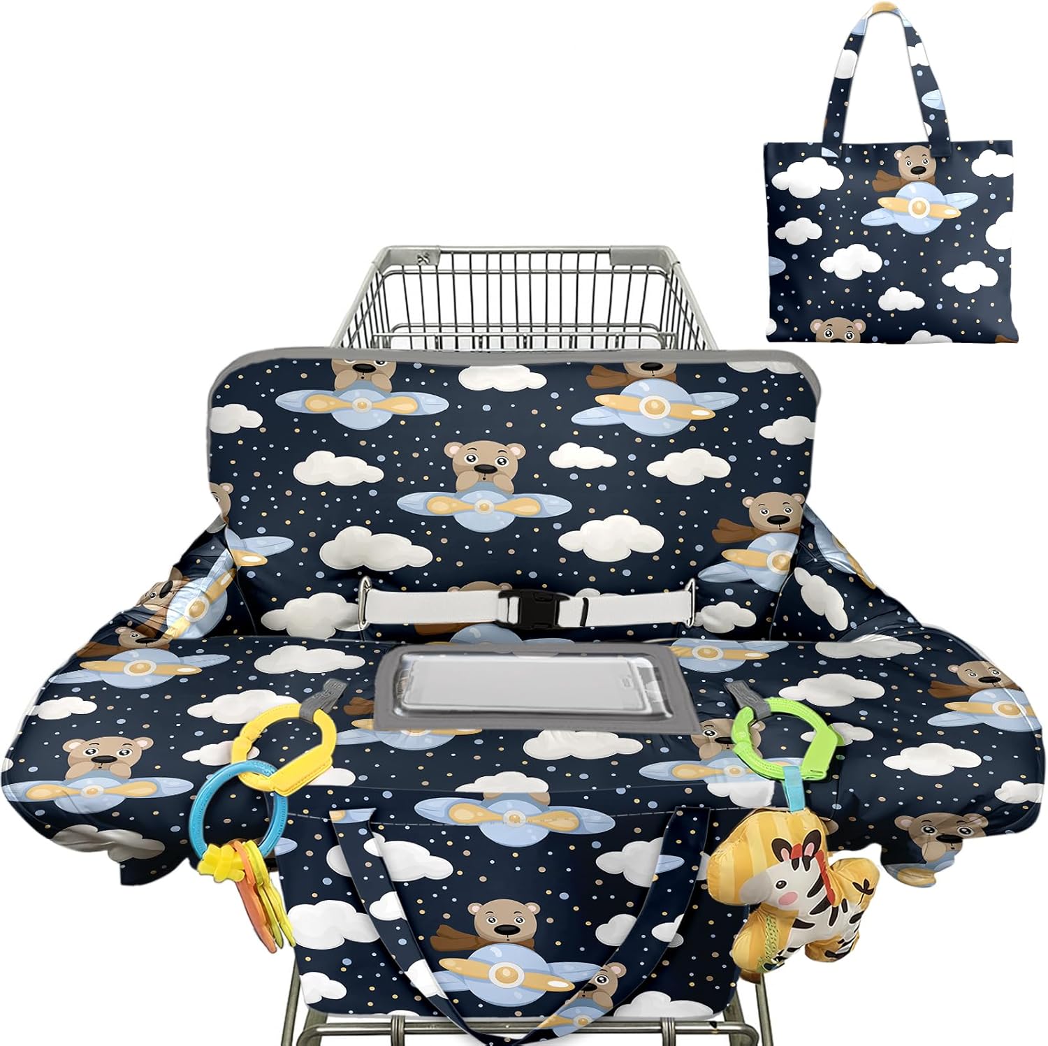 Pillani shopping cart cover front view showcasing the gender neutral bear print design.