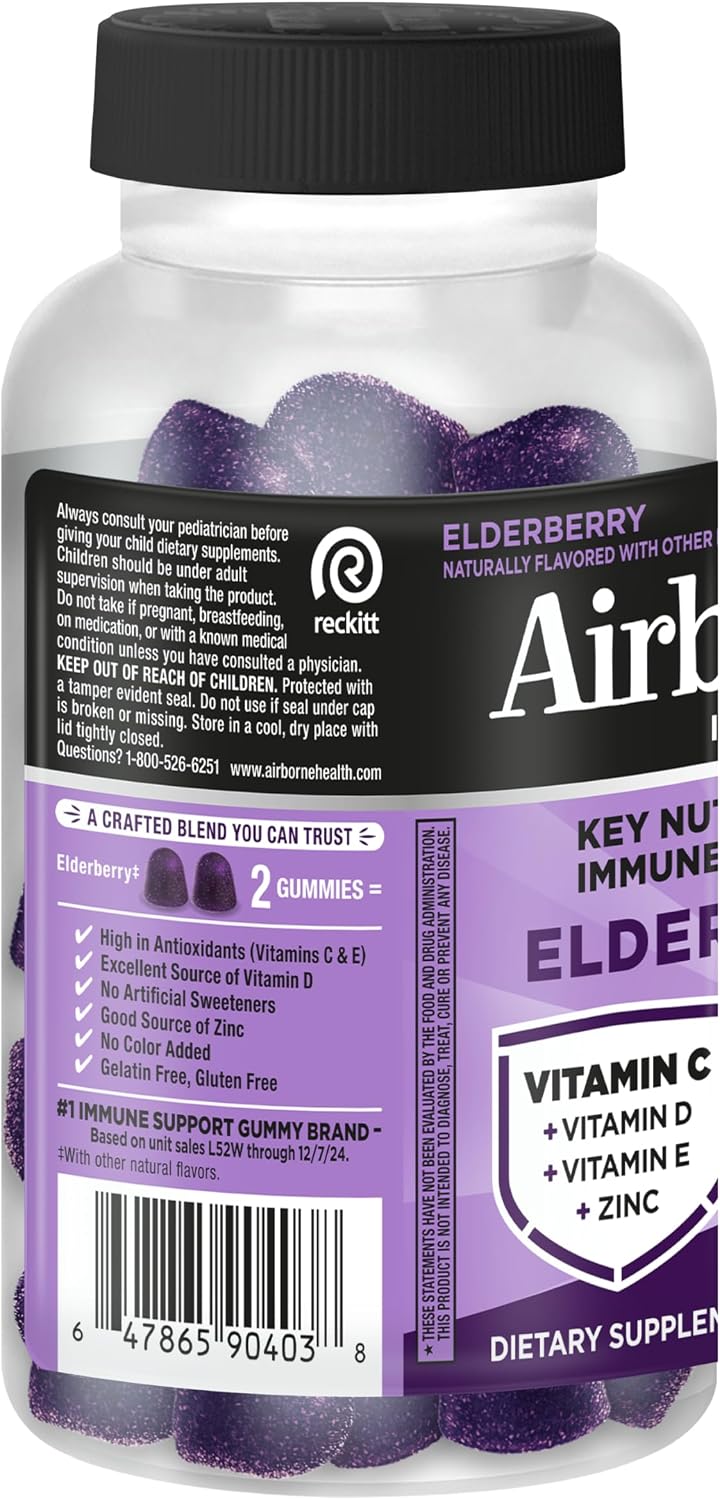 Airborne Elderberry + Zinc & Vitamin C Gummies For Adults, Immune Support Vitamin D & Zinc Gummies With Powerful Antioxidant Vitamins C D & E - 50 Gummies, Elderberry Flavor - Image 14