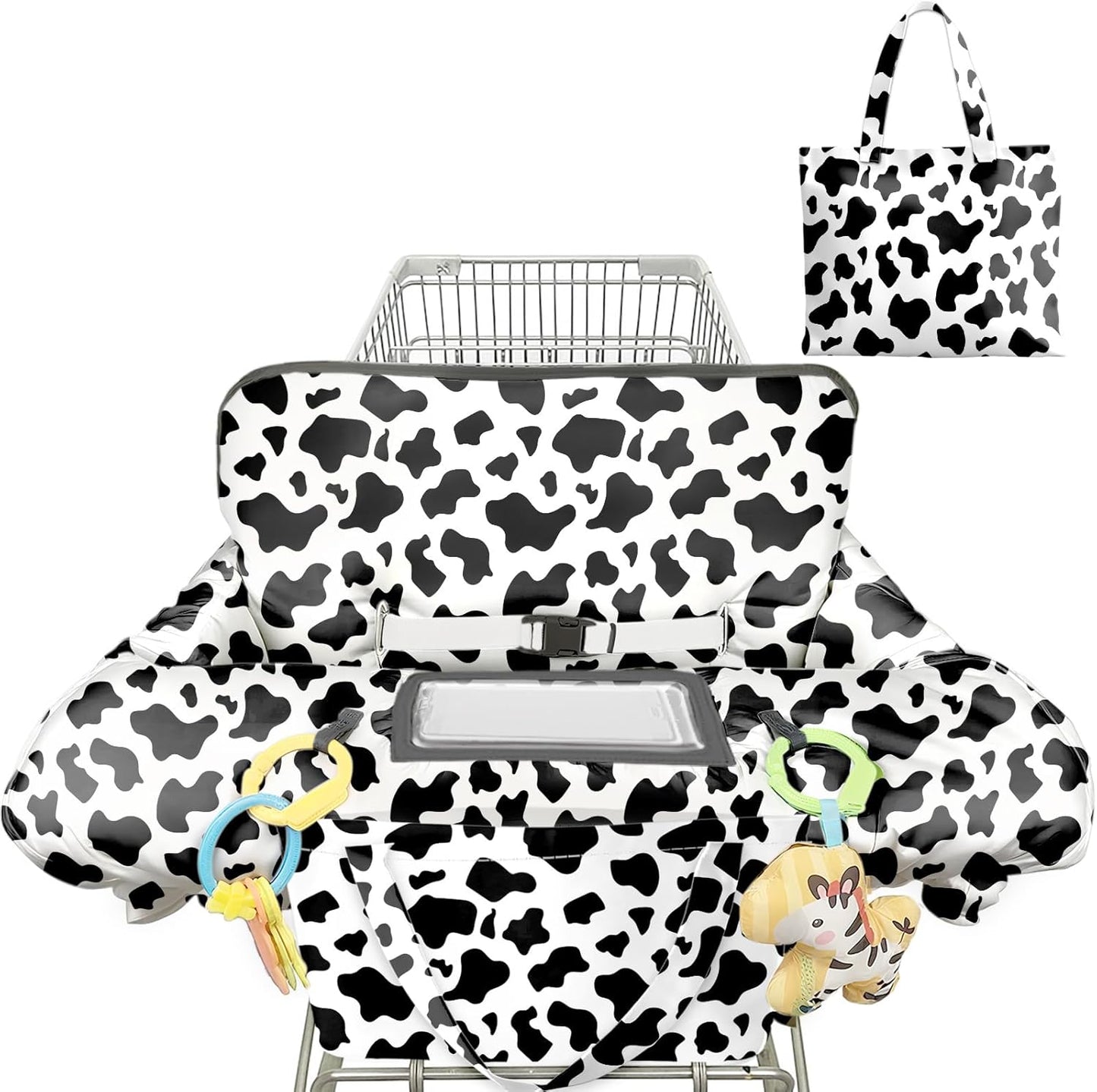 Polovillae shopping cart cover for baby front view showcasing cow pattern design.