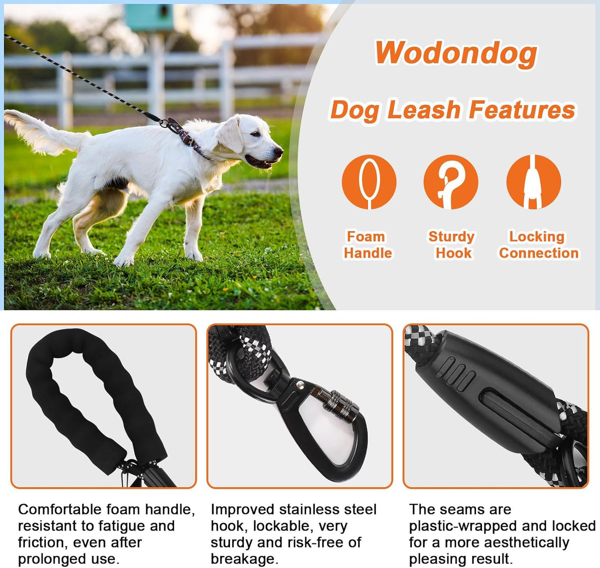 Heavy duty alloy locking hook on the Wodondog dog training lead close up view.