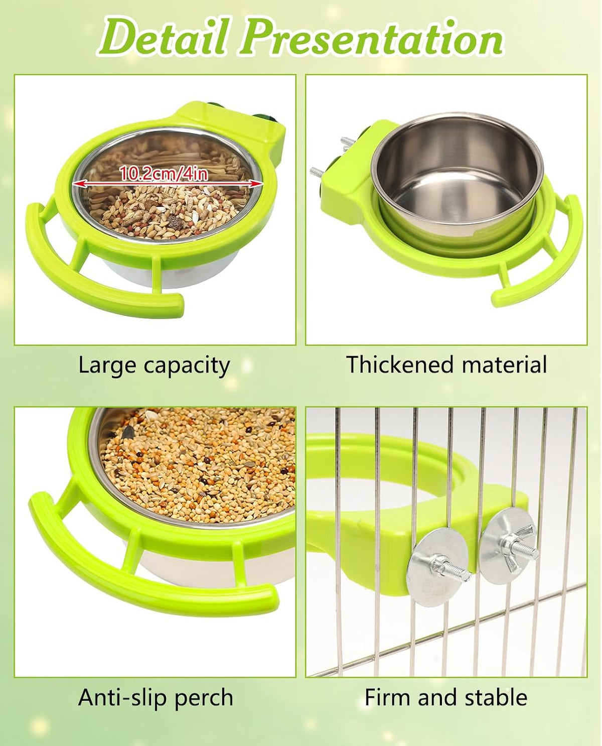 Easy to clean detachable bird food containers mounted on wire