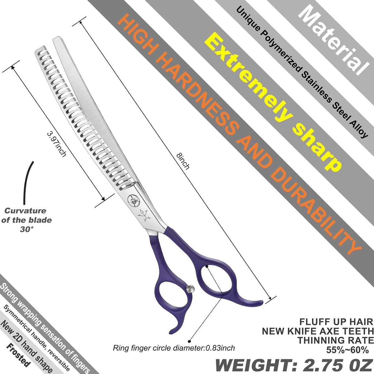 Fengliren pet texturizing blender shears close up on the downward curved multi tooth stainless steel blade.