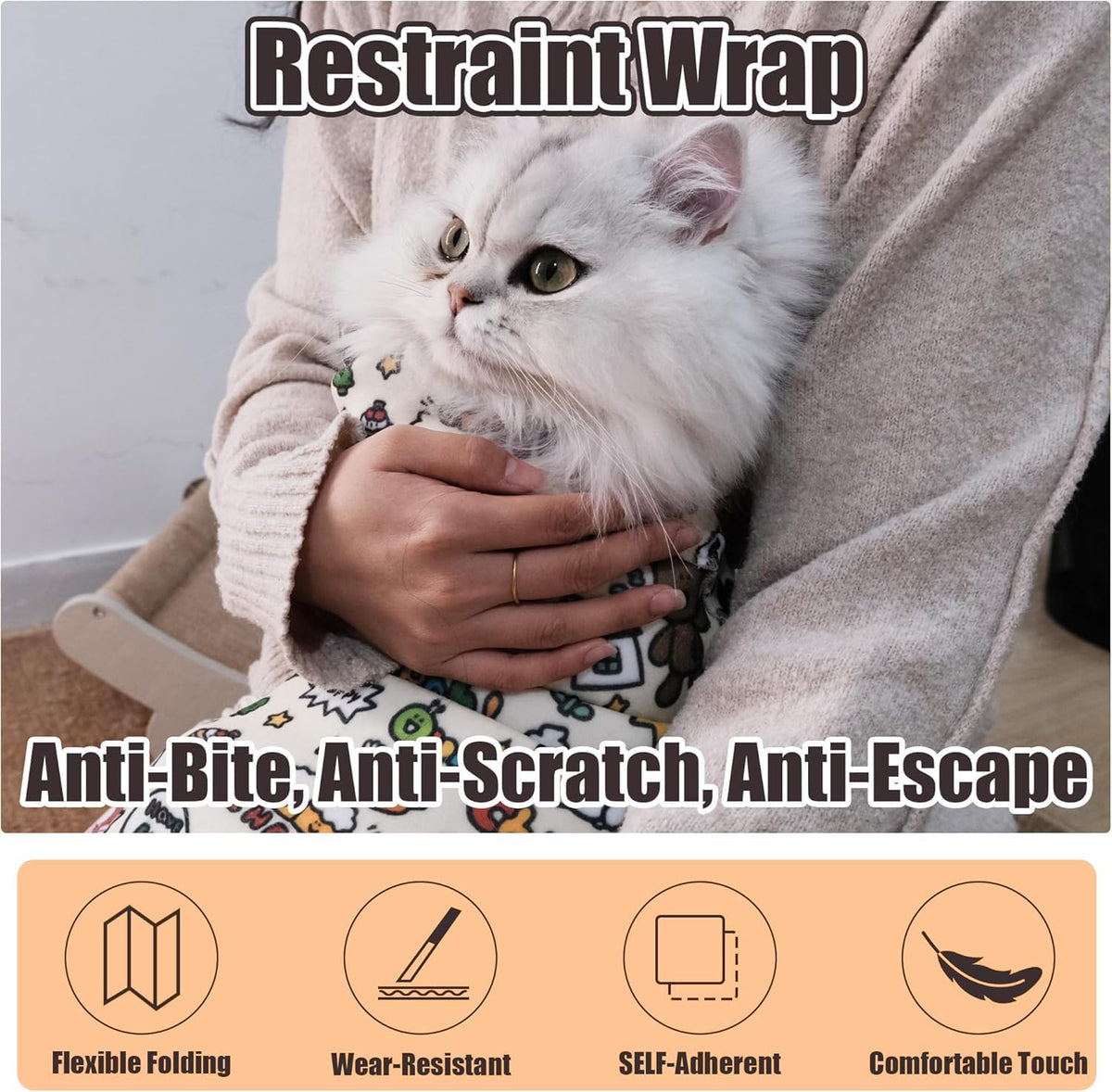 Doodle print self adhesive pet swaddling wrap for anxious felines