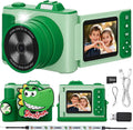 Myvia kids digital camera green front view showing the lens and dinosaur silicon case