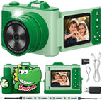 Myvia kids digital camera green front view showing the lens and dinosaur silicon case