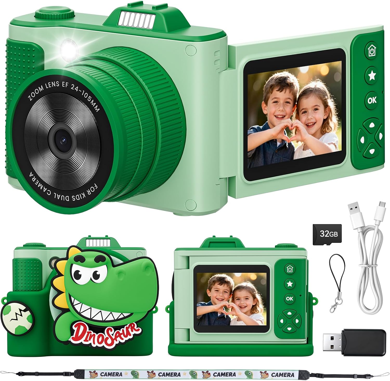 Myvia kids digital camera green front view showing the lens and dinosaur silicon case