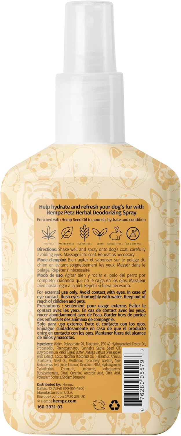 Hempz pet cologne spray bottle showing ingredients and usage directions