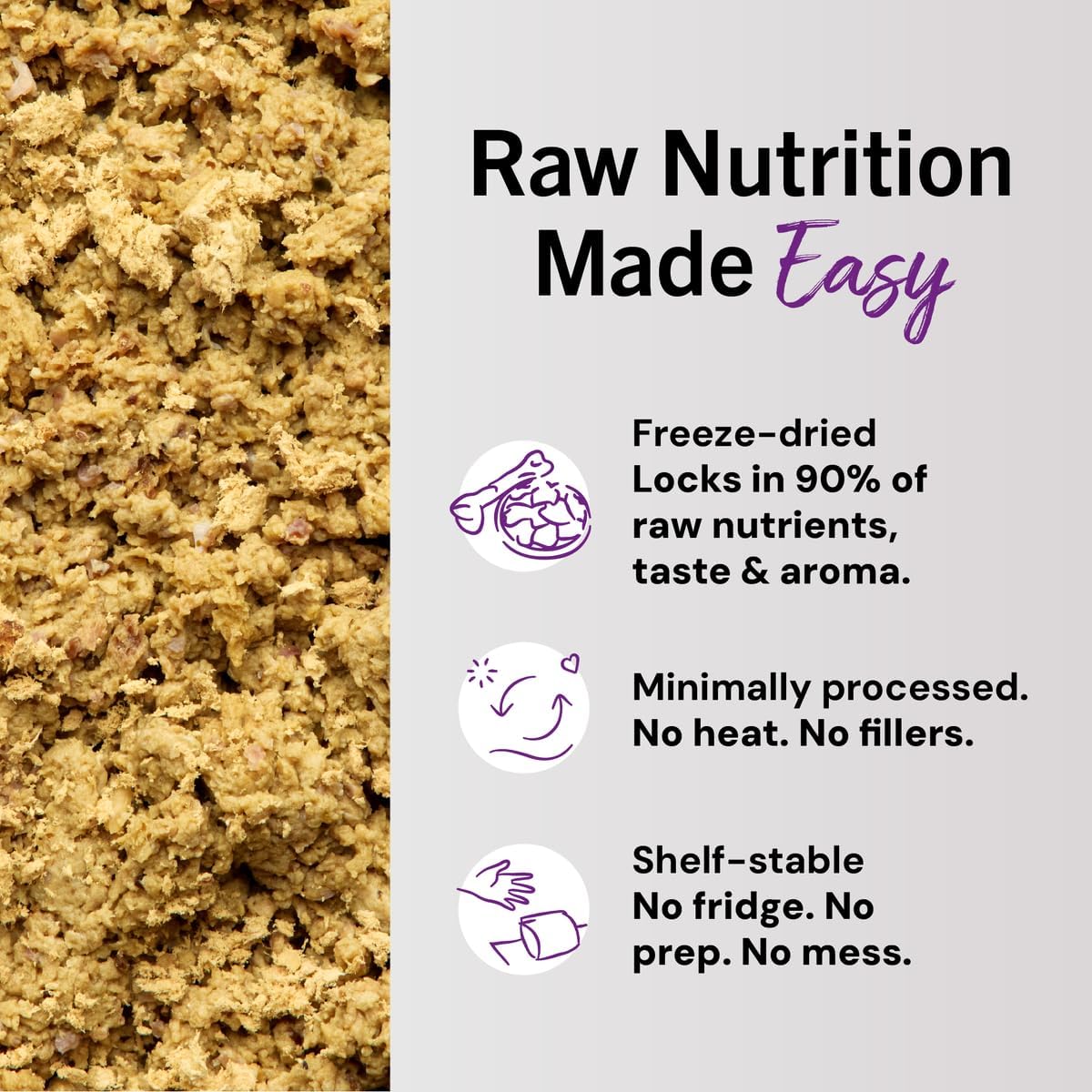 High protein ancestral raw cat food morsels crumbled as an enticing healthy meal topper