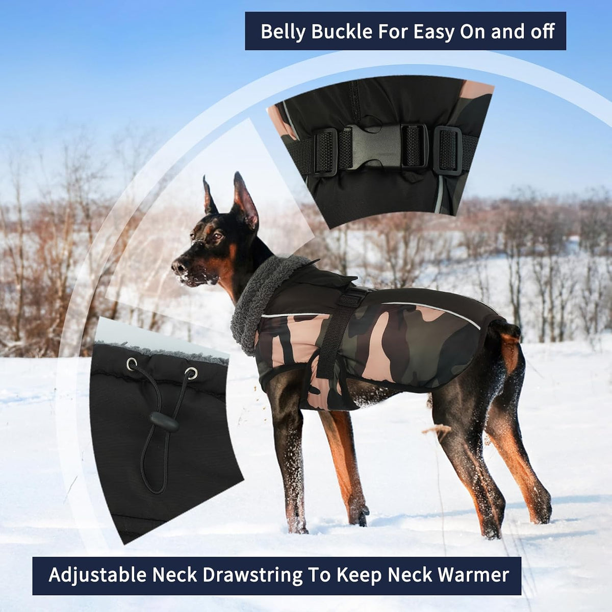 Side profile of dog wearing Iecoii fleece lined winter jacket