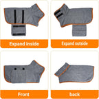 JTYKUYR microfiber pet bathrobe towel back view showing secure elastic leg bands
