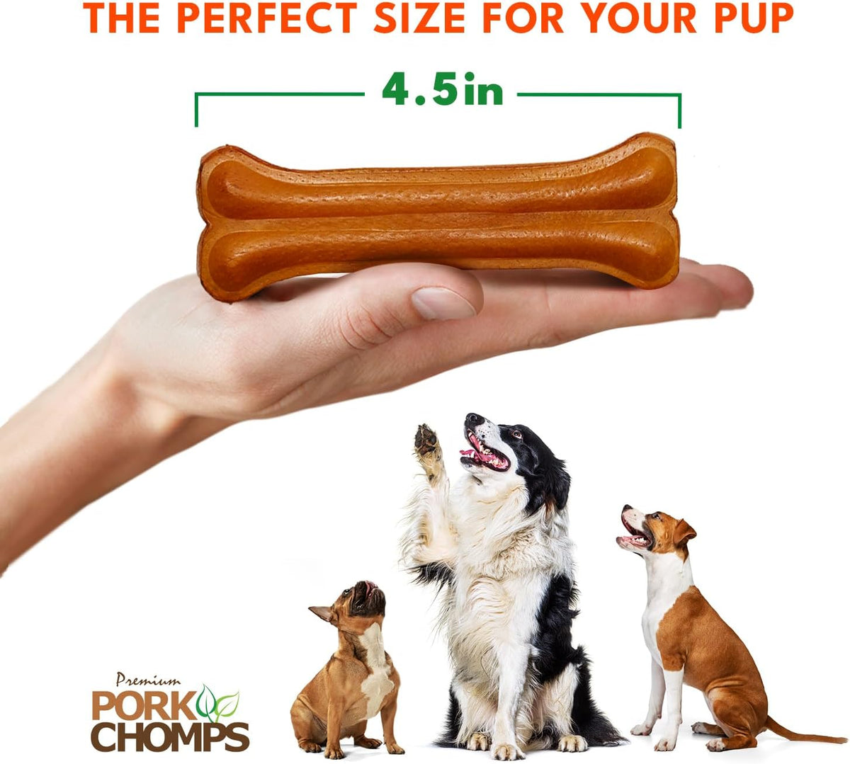 Pork Chomps imported USA dog chews four point five inch roasted bones close up