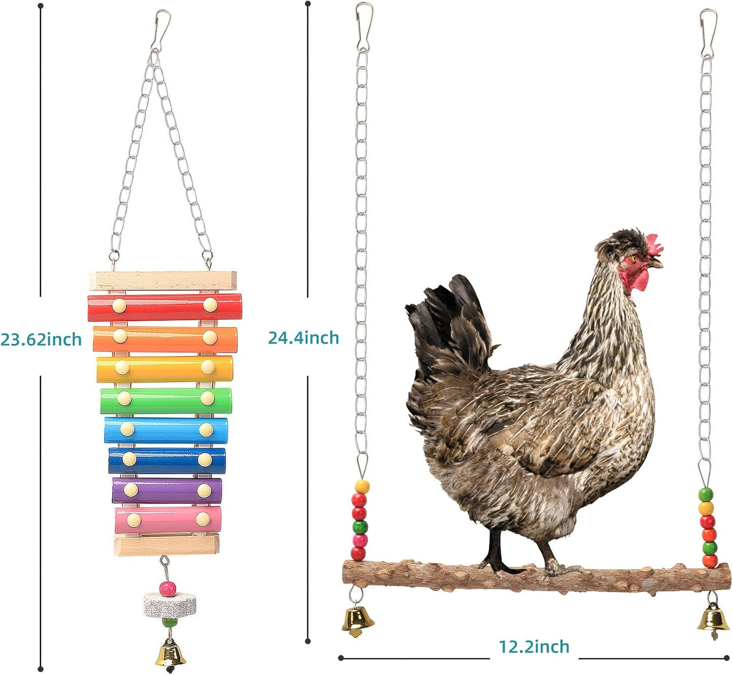 Sturdy wood and chain chicken swing perch accessory installed inside a run