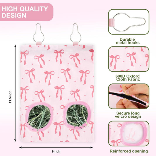 JarThenaAMCS 2Pcs Rabbit Hay Feeder Bag with 2 Holes Pink Bow Guinea Pig Hanging Hay Feeding Bag Storage Dispenser for Chinchilla Hamster Bunny Small Animal Pet - Image 2