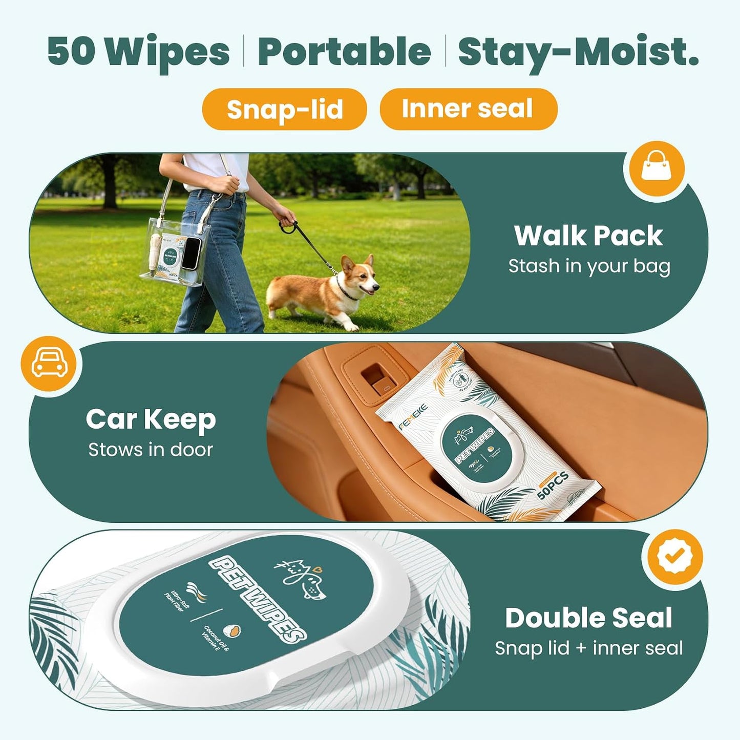 Femeke natural pet wipes highlighting aloe vera and coconut oil grooming ingredients.