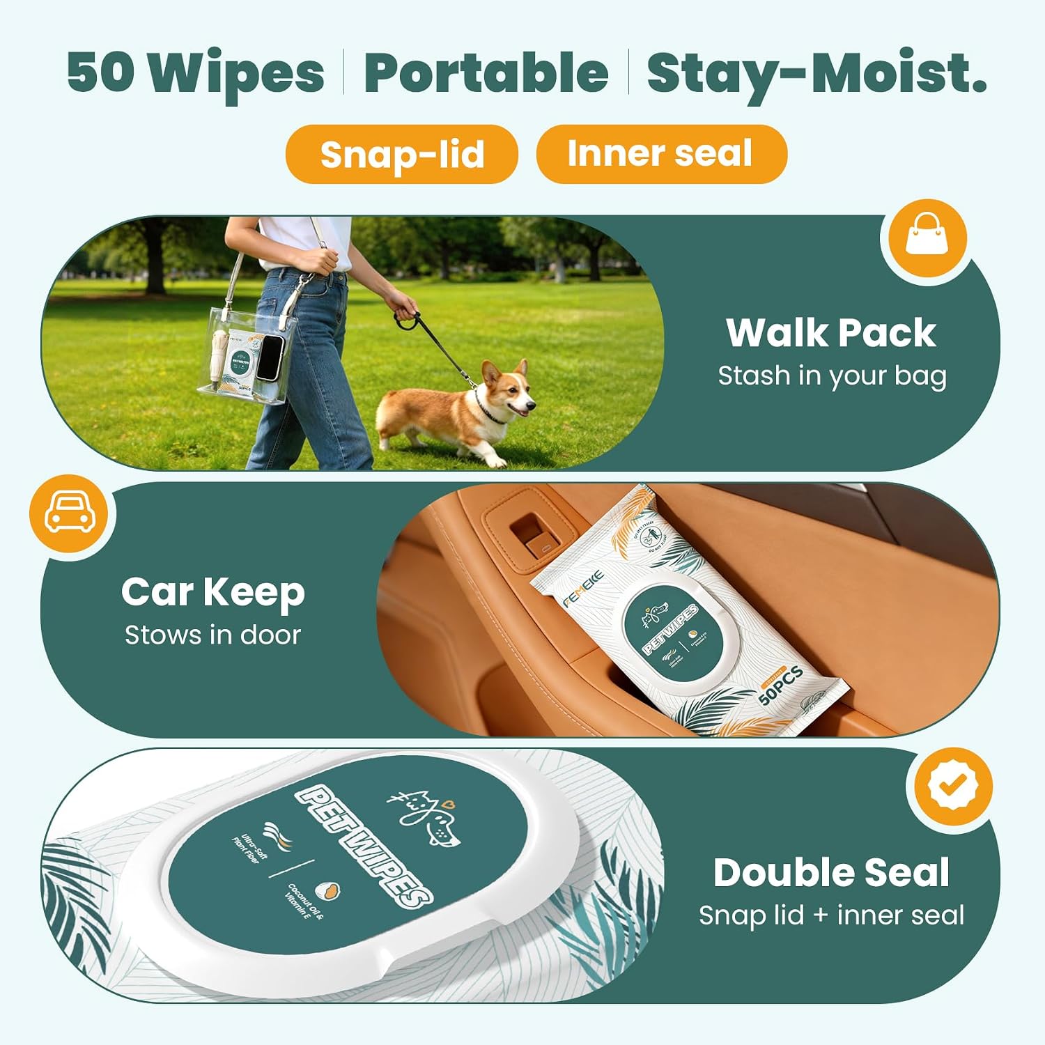 Femeke natural pet wipes highlighting aloe vera and coconut oil grooming ingredients.