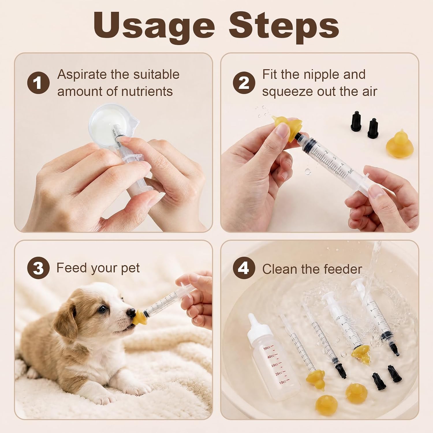 Complete small animal nursing kit package including caps syringes and bottle