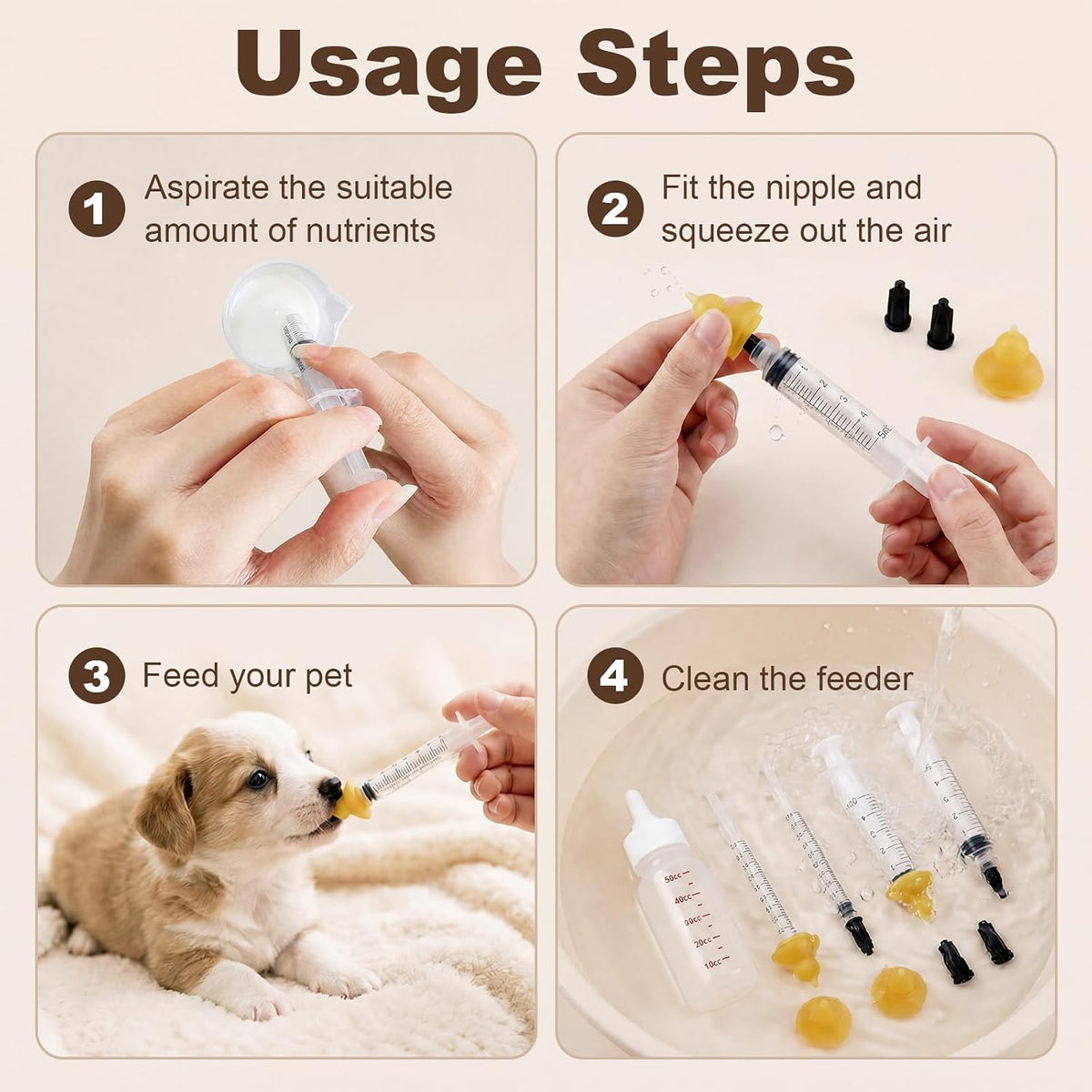 Complete small animal nursing kit package including caps syringes and bottle