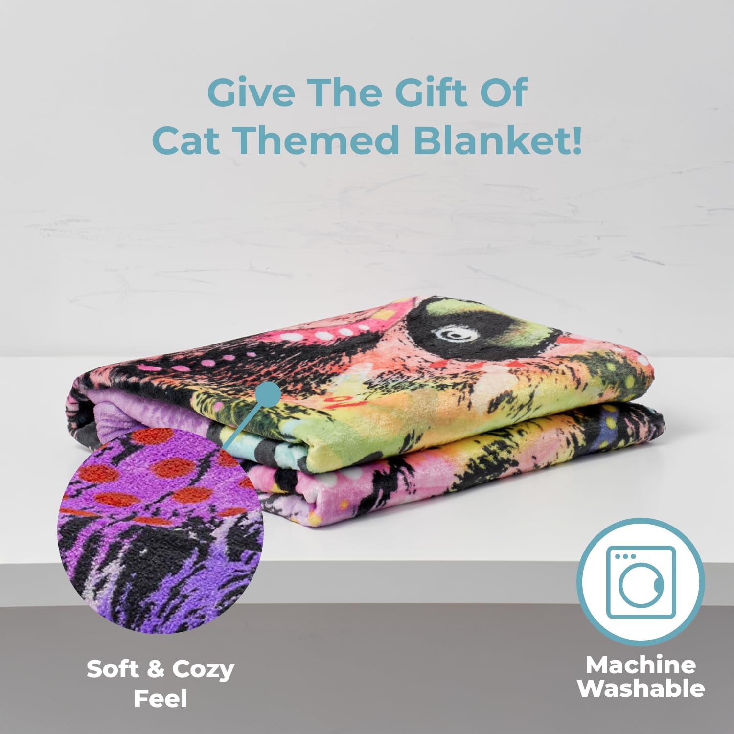 Fleece throw blanket featuring Dean Russo cat art used as a cozy travel blanket.