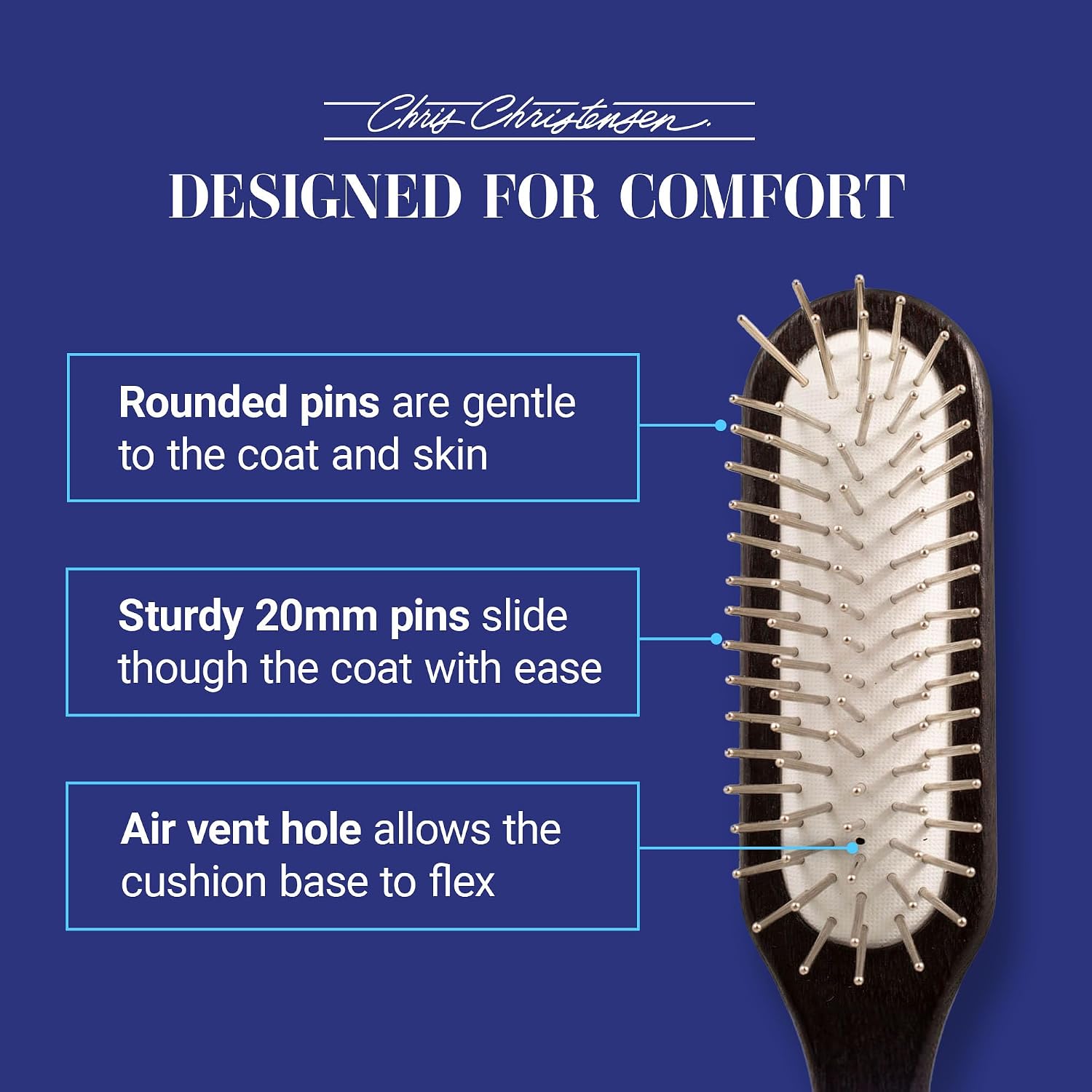 Ergonomic solid beechwood handle on the premium pet dematting brush tool.