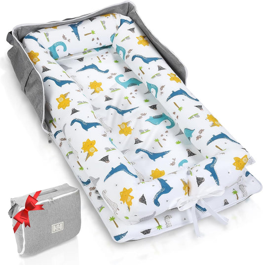 BEIARA baby lounger dinosaur print front view premium portable infant nest