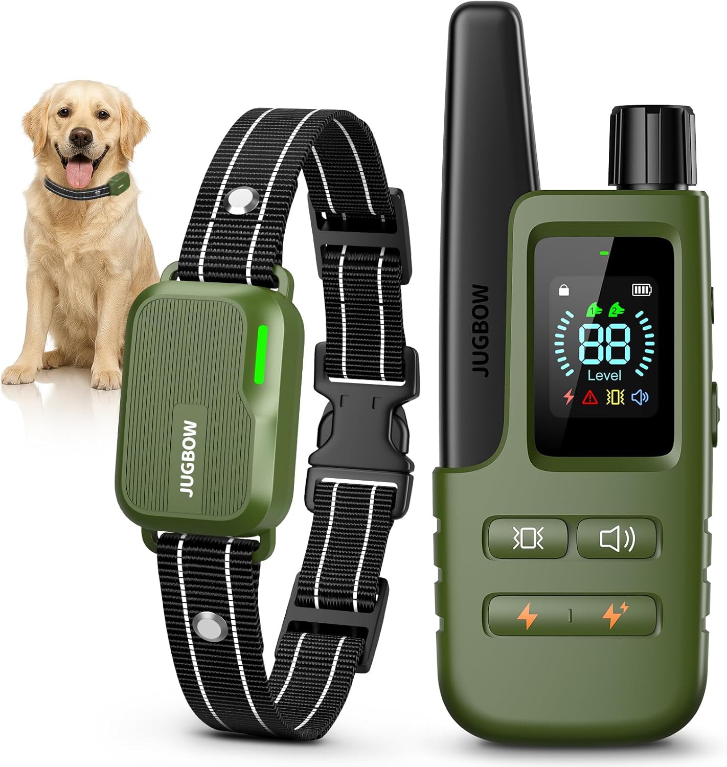 Jugbow dog shock collar front view with remote transmitter