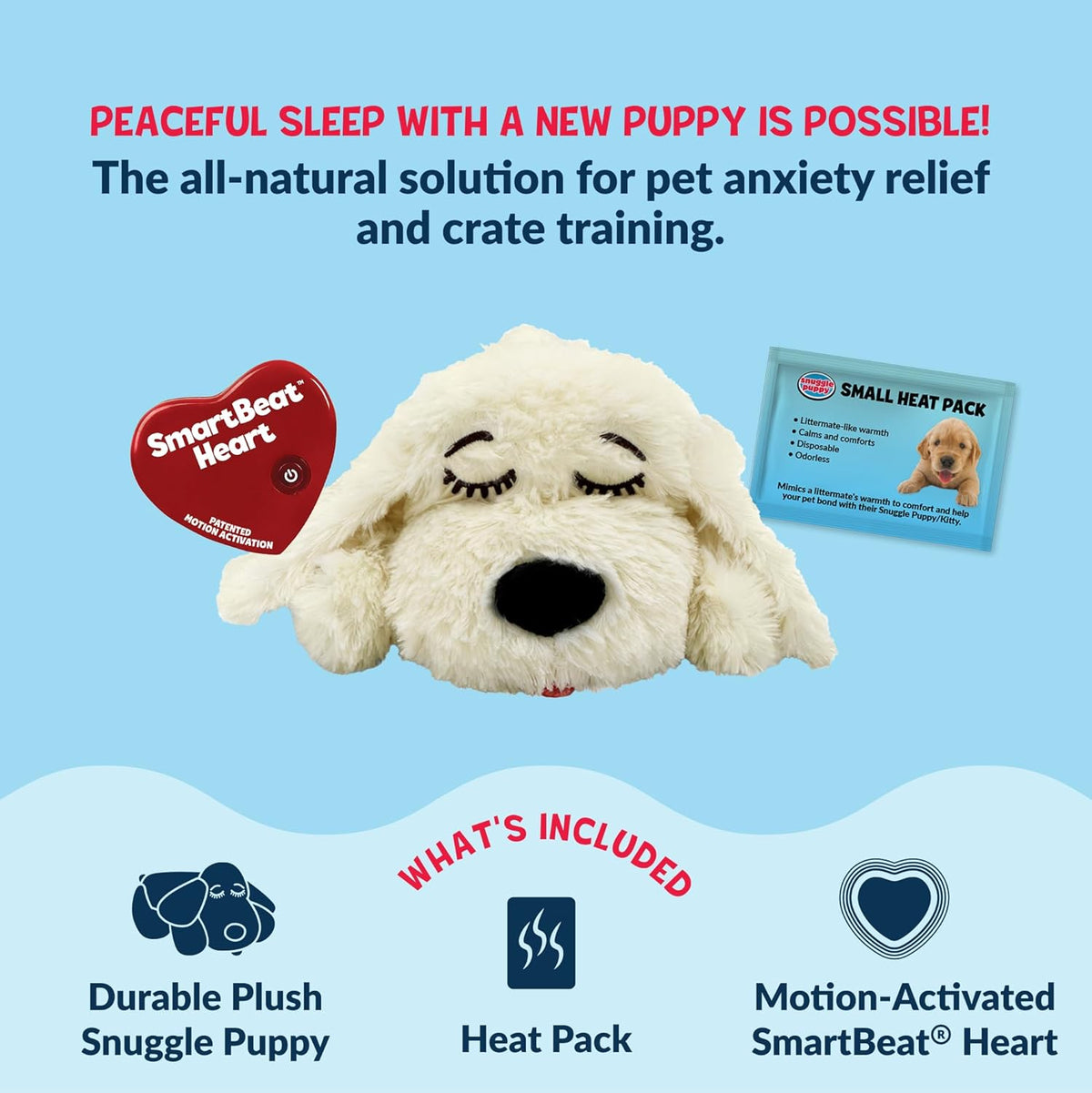 Small puppy cuddling with Snuggle Puppie plush toy
