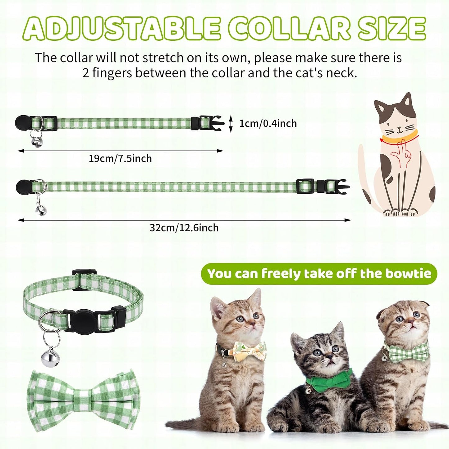 A small kitten wearing the red plaid DragonflyDreams bow tie collar with its dangling alloy bell.