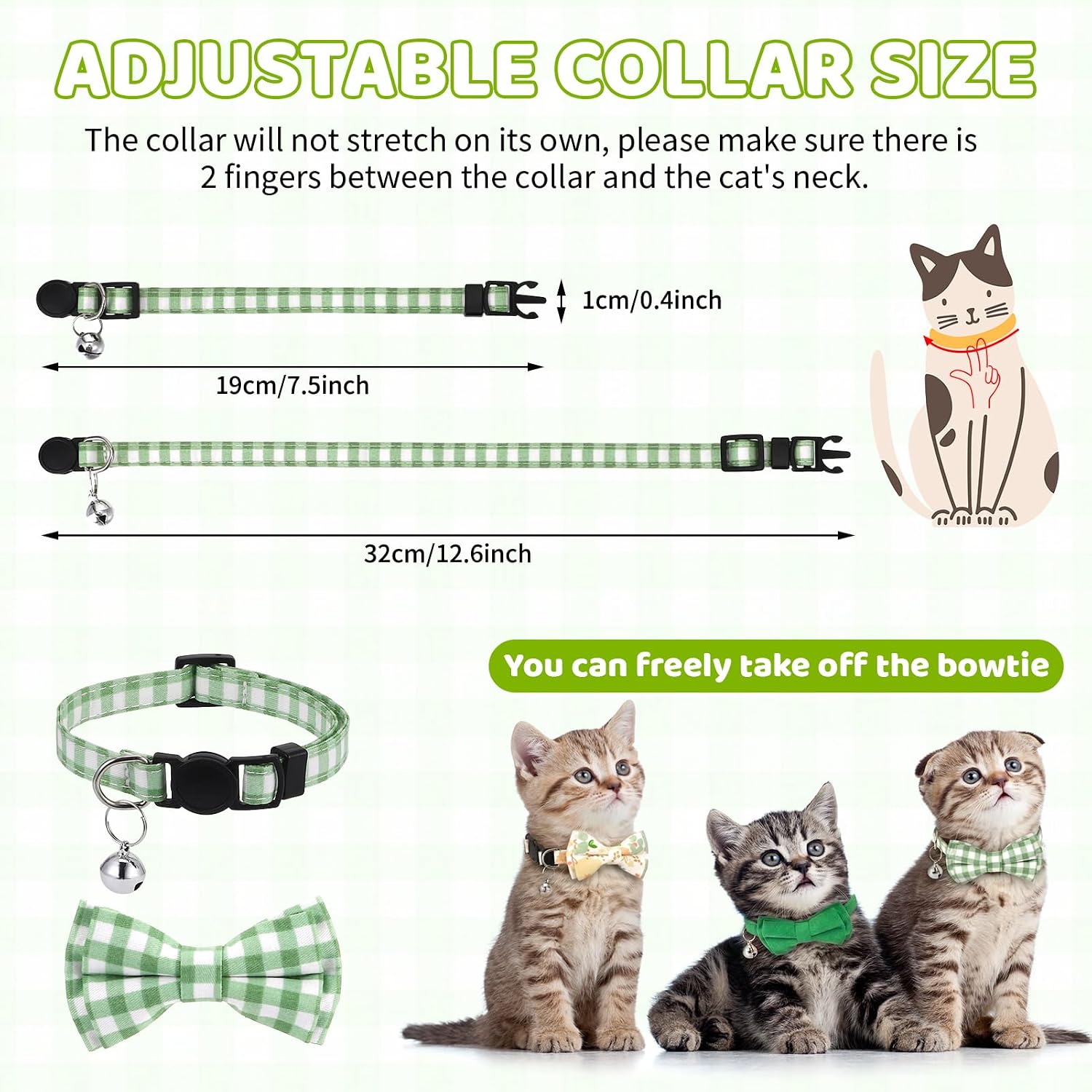 A small kitten wearing the red plaid DragonflyDreams bow tie collar with its dangling alloy bell.