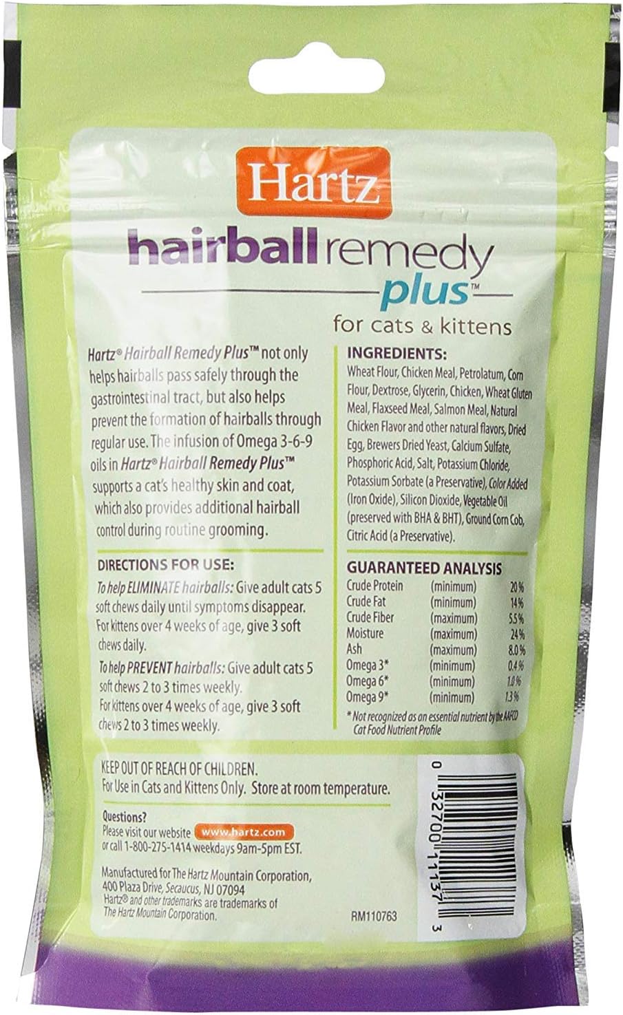 Hartz Cat Hairball Supplement Pouch Back View