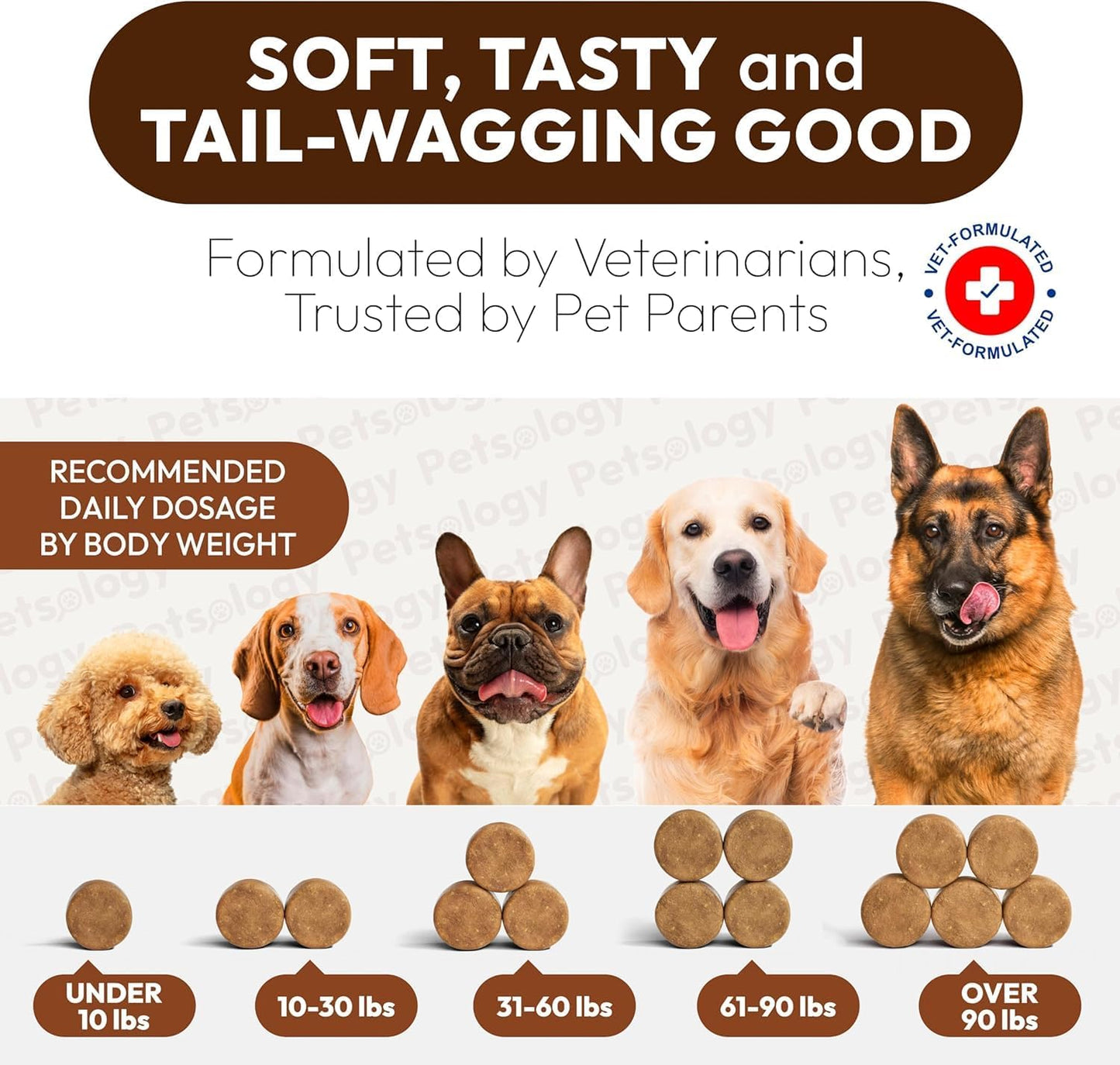 Close up of individual chicken flavored soft chew multivitamin for dog lumps and bumps treatment support.