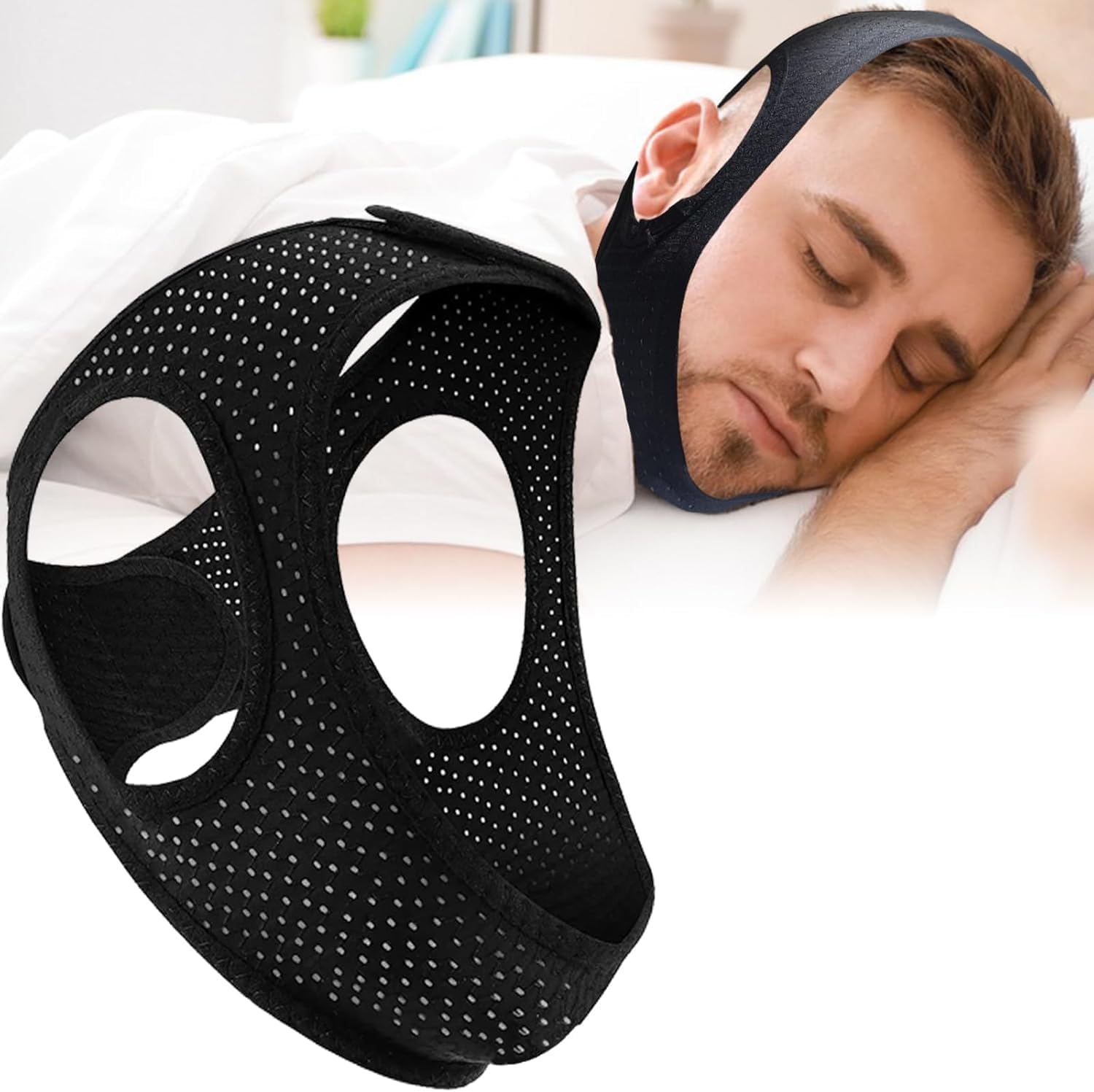 NEXCURIO Anti Snore Chin Strap front view showing jaw support design.