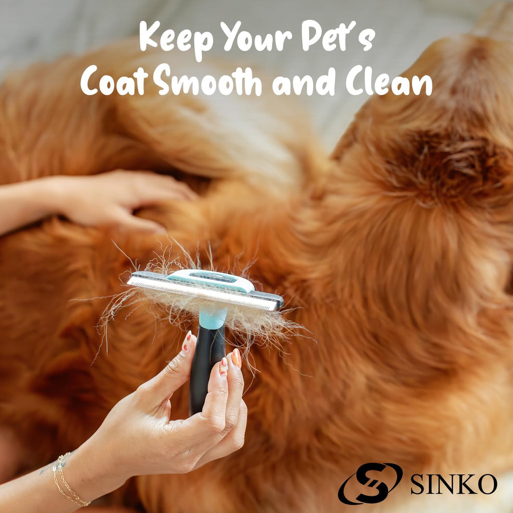 Sinko pet grooming brush in blue color being used on a shedding dog.