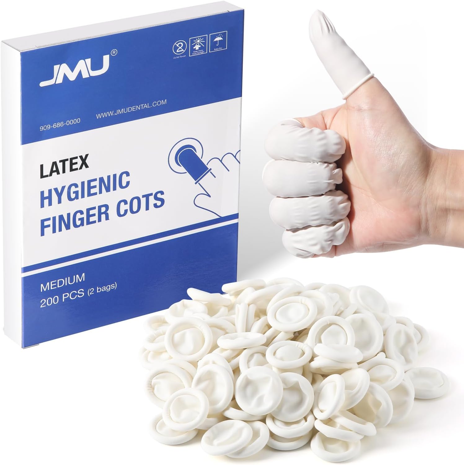 JMU latex finger cots medium front packaging view for disposable finger protectors