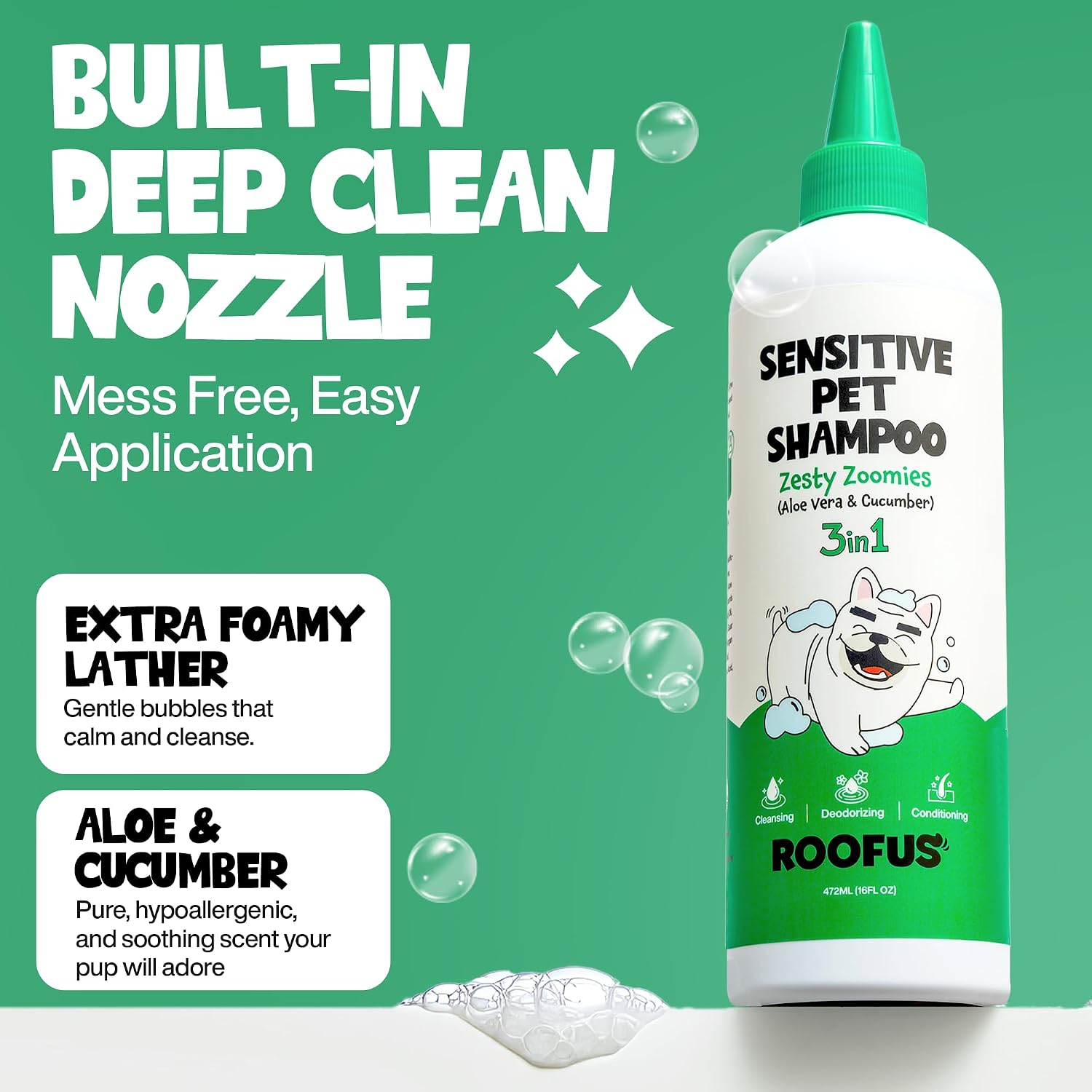 Deodorizing pet shampoo for smelly dogs with cucumber extract formulation details