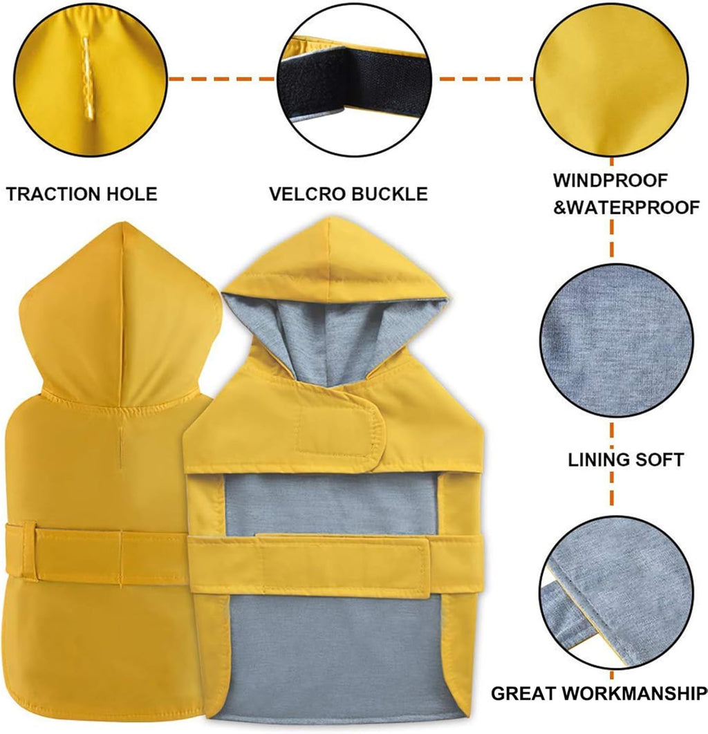 Yellow dog rain poncho with hood and harness hole