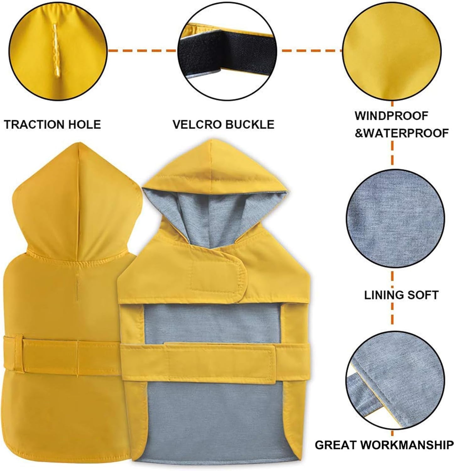 Yellow dog rain poncho with hood and harness hole