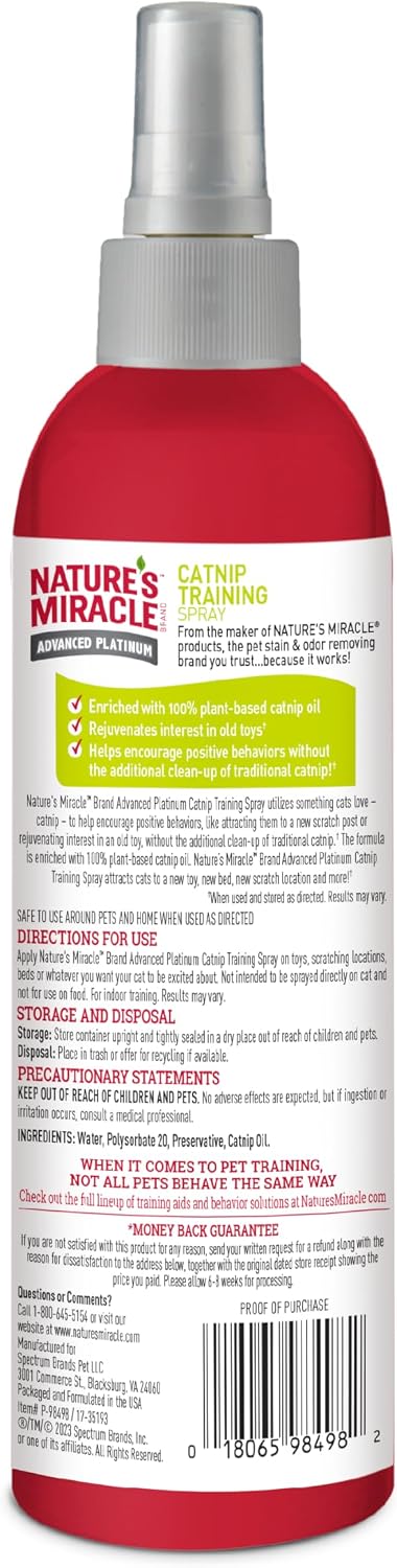 Nature's Miracle catnip spray applied to a cat scratching post