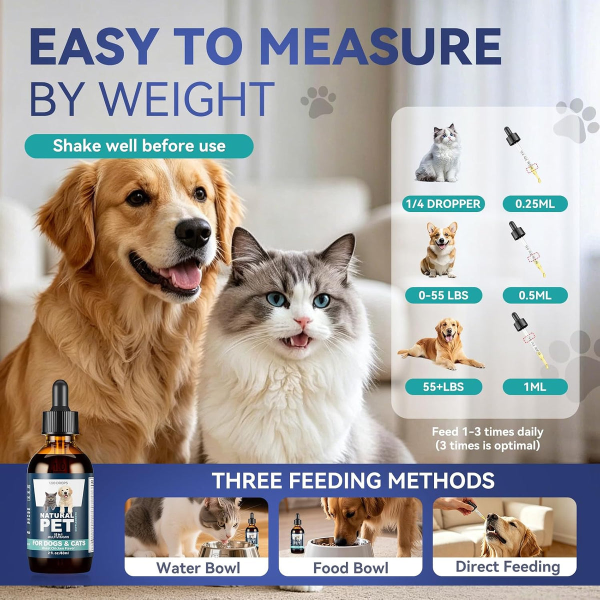 PIOUOK 60ml dropper bottle demonstrating easy application for pet joint and coat health.