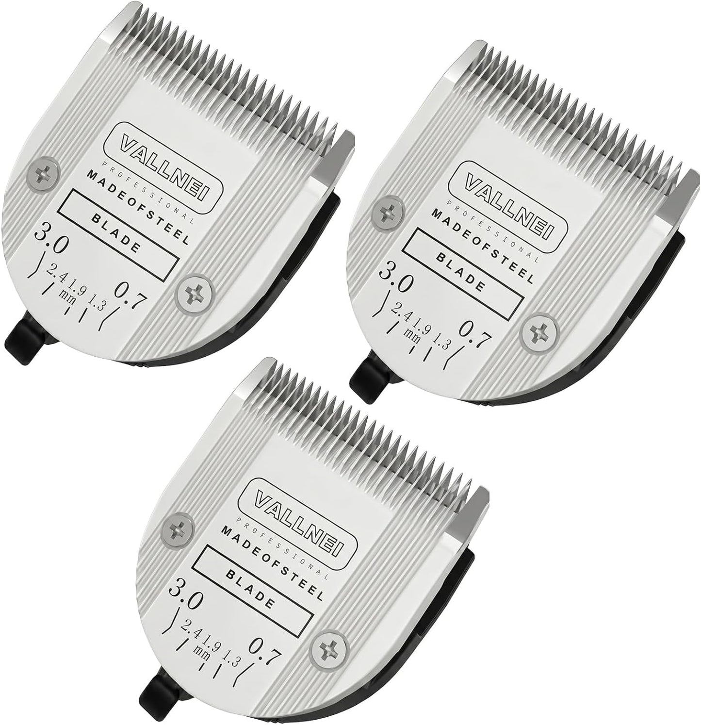 Vallnei five in one professional animal clipper blades front view three pack for pet grooming.