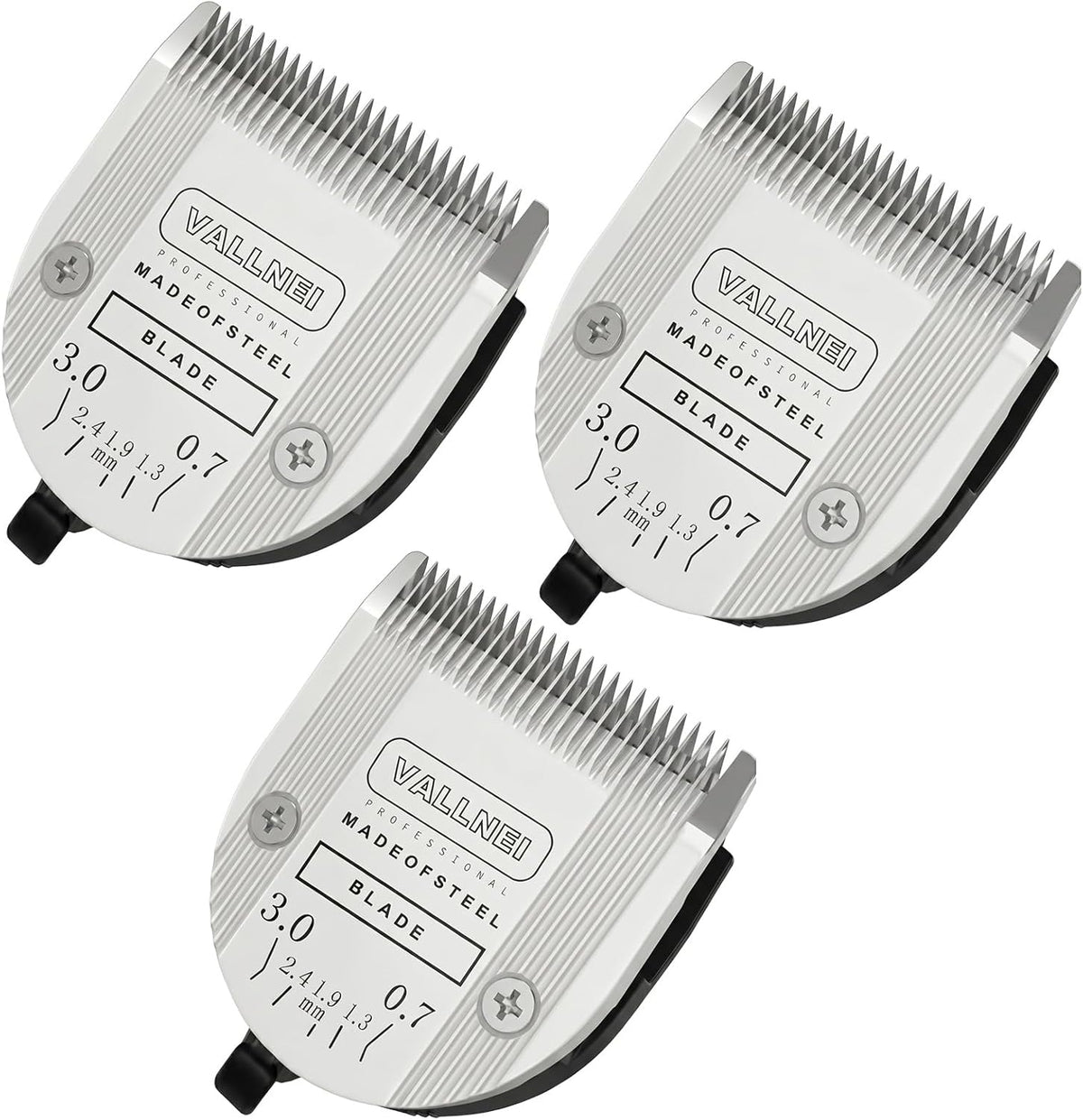 Vallnei five in one professional animal clipper blades front view three pack for pet grooming.