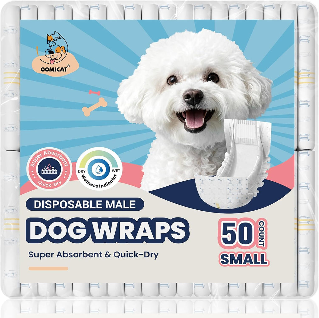 Size chart and measurement guide for Oomicat extra small male dog wraps.