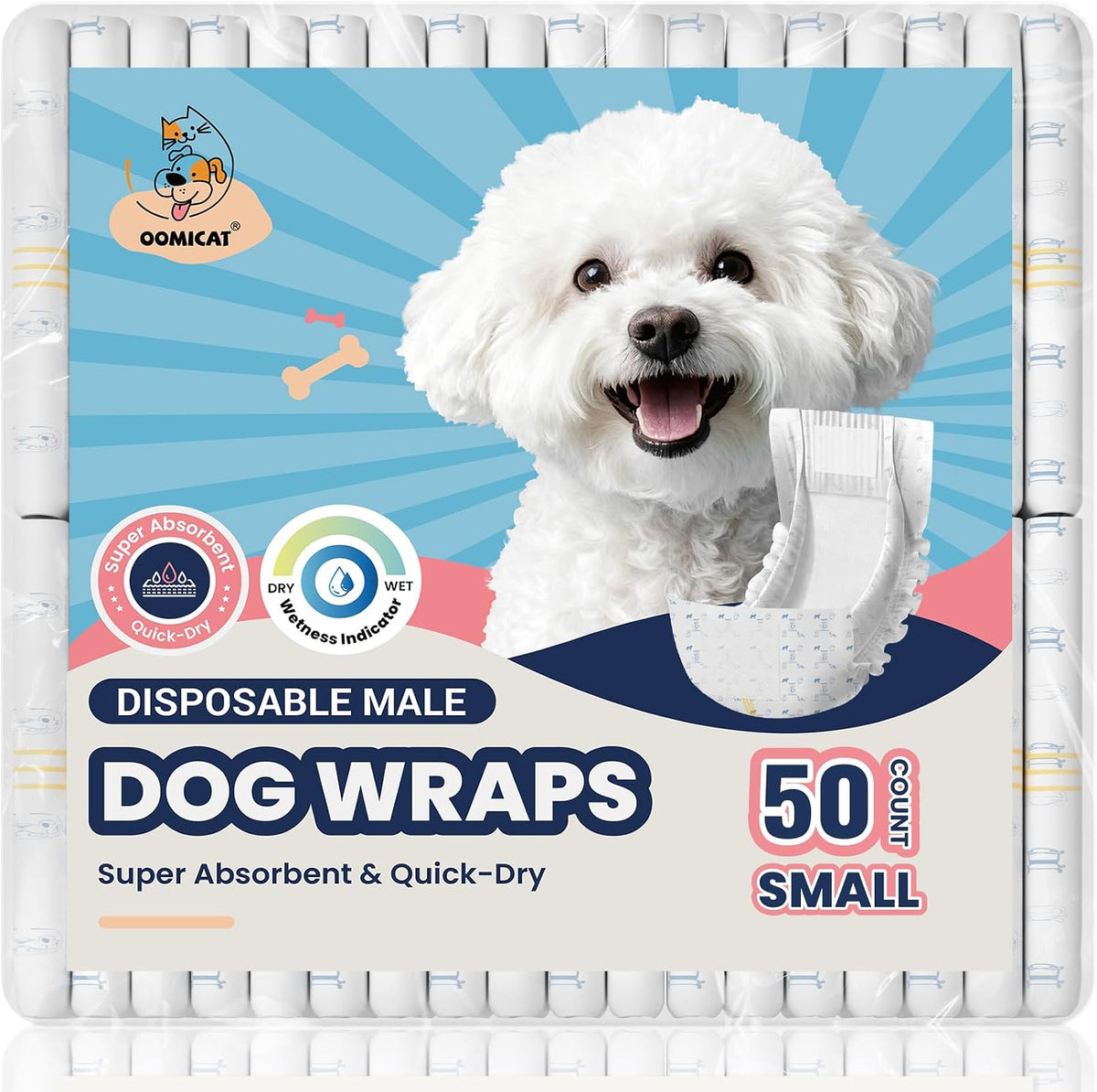 Size chart and measurement guide for Oomicat extra small male dog wraps.