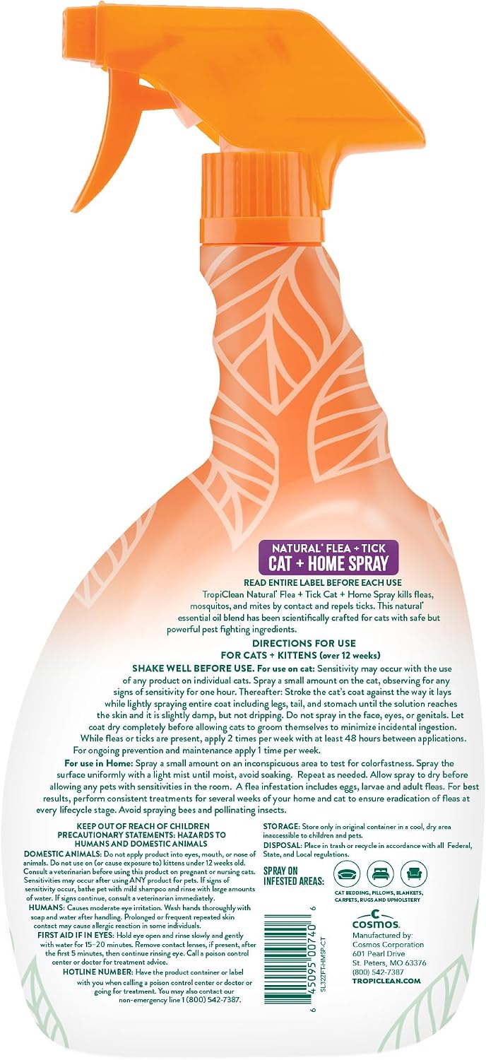TropiClean natural flea and tick cat spray bottle showcasing active essential oil ingredients like cedarwood oil.