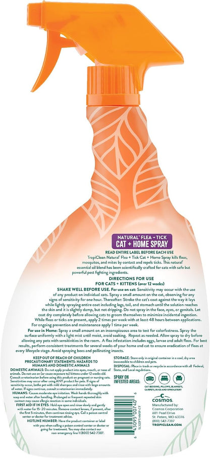 TropiClean natural flea and tick cat spray bottle showcasing active essential oil ingredients like cedarwood oil.