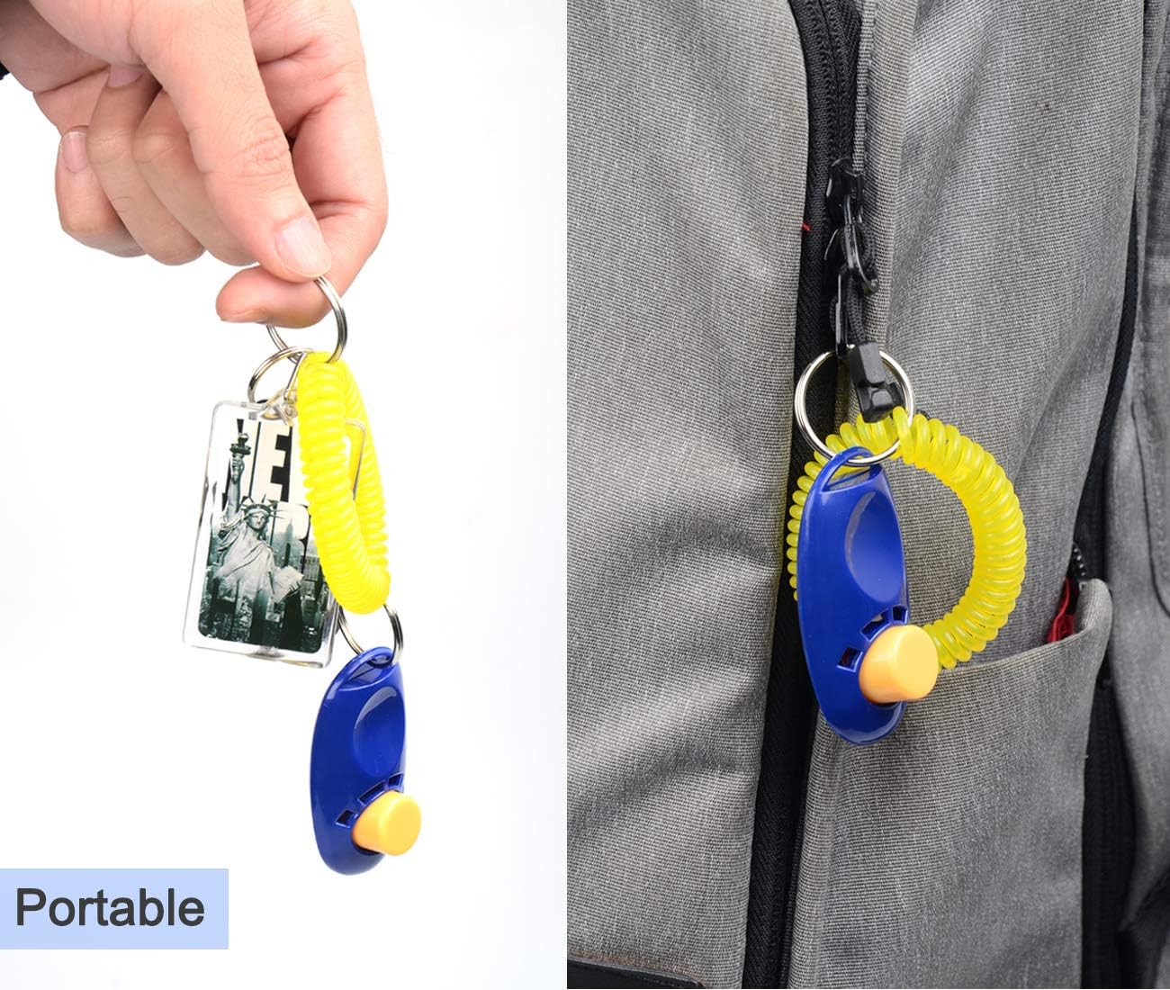 Durable pet behavior correction clickers with yellow wristband straps.