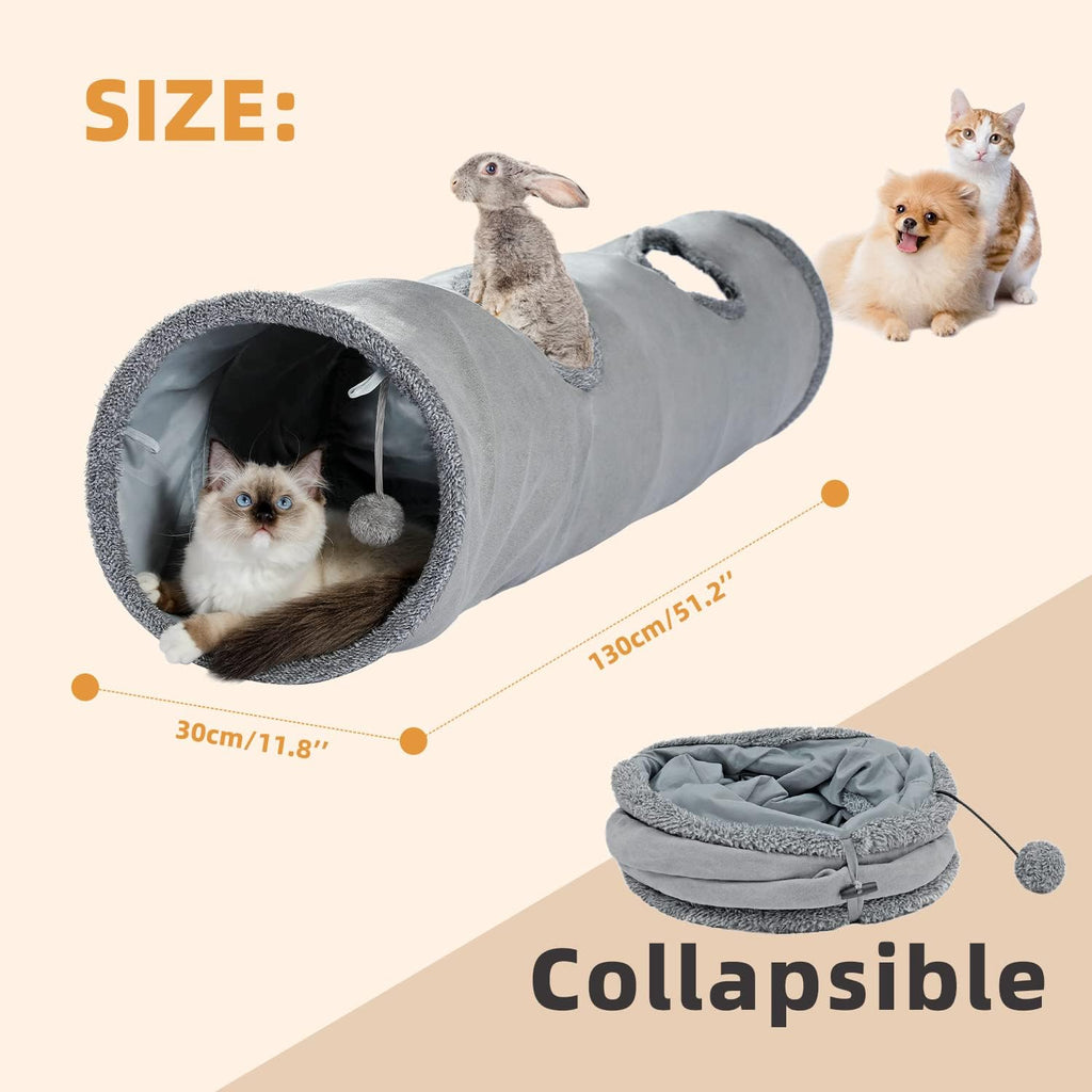 Grey PAWZ Road fifty one inch long cat tunnel fully expanded on a living room floor