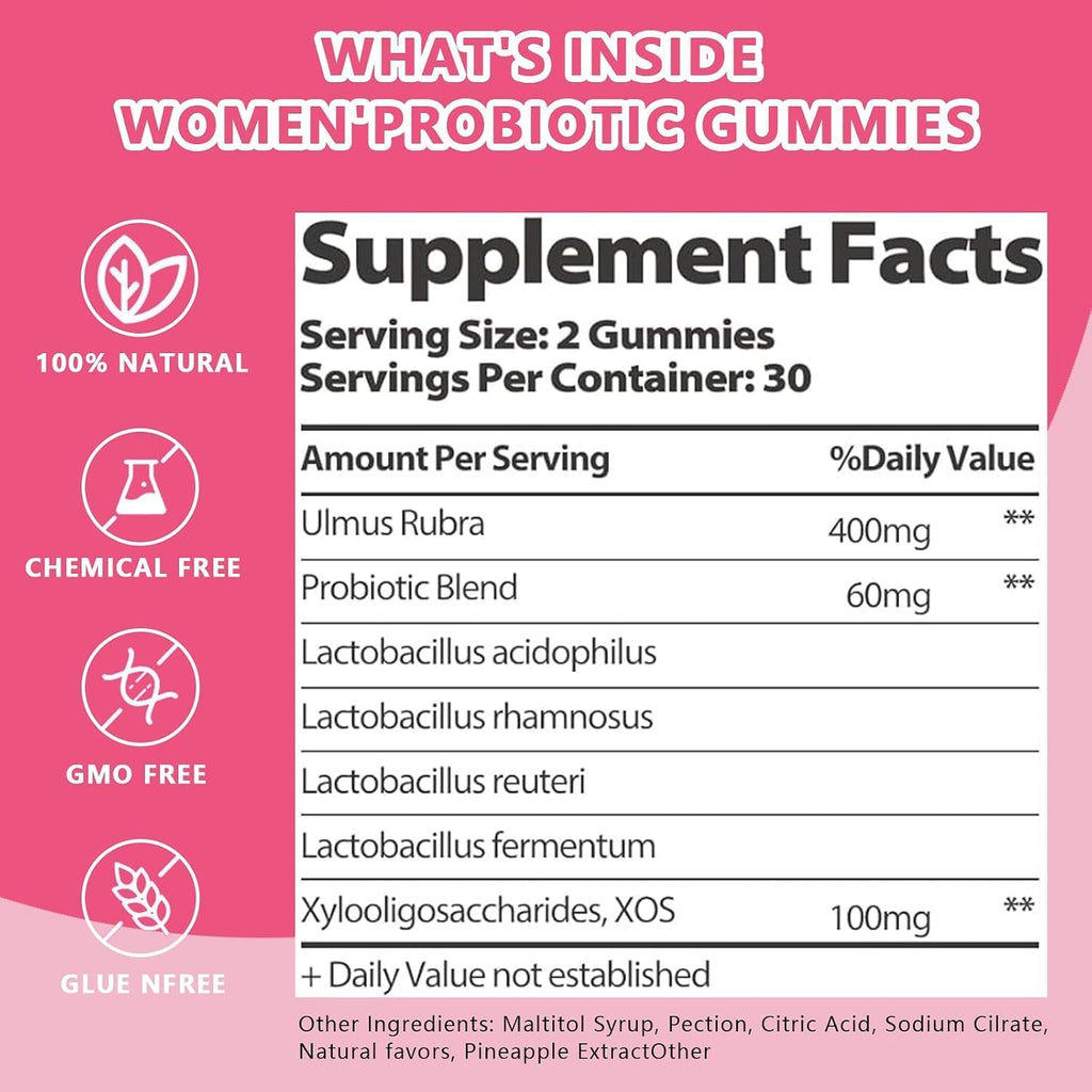 Feminine Vaginal Probiotics Gummies, Supports pH Balance & Digestive Health, Slippery Elm for Women, Suagr-Free, Veagn, Pineapple Flavor, 60 Count - Image 4