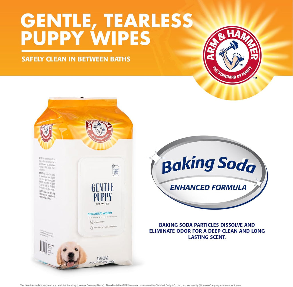 Arm And Hammer coconut water dog wipes package showing natural deodorizing features.