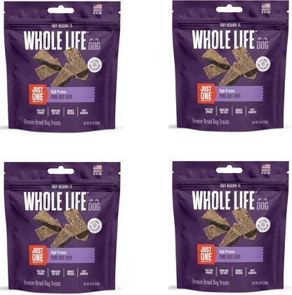 Premium freeze dried beef liver treats being crumbled over dog food